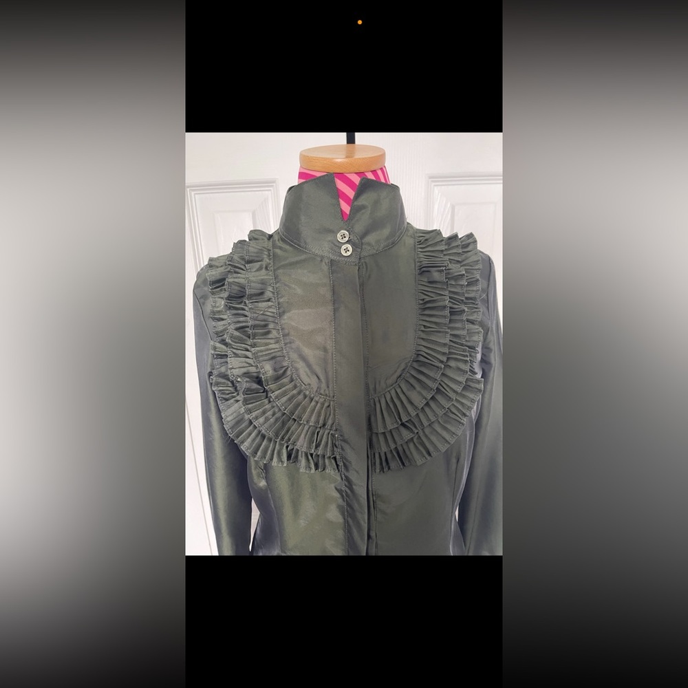 Olive Green Blouse w/Front Ruffles - Picture 2 of 4